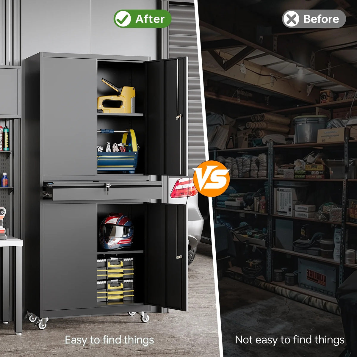 STANI Metal Garage Storage Cabinets with Drawer, 4 Doors Tool Storage Cabinet with 2 Adjustable Shelves, 73"H Rolling Steel Locking Cabinet for Garage Utility Room Home Office (Black, 4 Wheel)