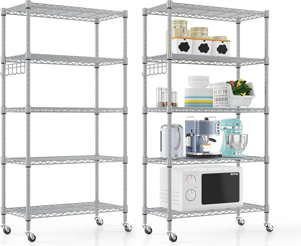5-Tier Storage Shelf Wire Shelving Unit on Wheels, Adjustable Heavy Duty Metal Shelves with Side Hooks, Steel Rack Organization for Kitchen Garage Basement, Silver