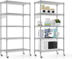 5-Tier Storage Shelf Wire Shelving Unit on Wheels, Adjustable Heavy Duty Metal Shelves with Side Hooks, Steel Rack Organization for Kitchen Garage Basement, Silver
