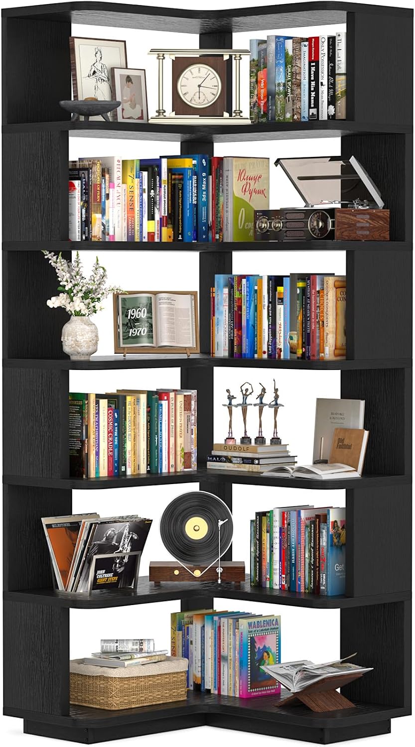 Corner Book Shelf, 6-Shelf L Shaped Corner Bookshelf with Baffle