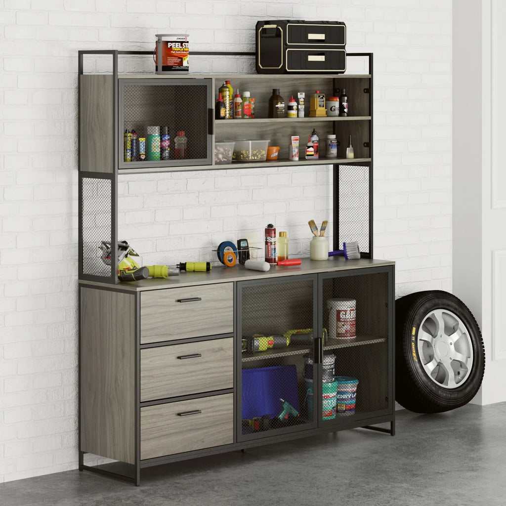 WIAWG Garage Cabinet with 3 Drawers and Metal Mesh Door, Industrial Mutifunctional Tool Storage Cabinet for Warehouse, Basement, Home Office (Walnut)