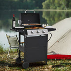 Qiushi 3-Burner Propane Gas Grill, 26,000 BTU Stainless Steel BBQ Grill with 2 Shelves & Thermometer, Outdoor Patio Grill with Electronic Ignition, Wheels & Bottle Opener -M?Durable & Even Heating