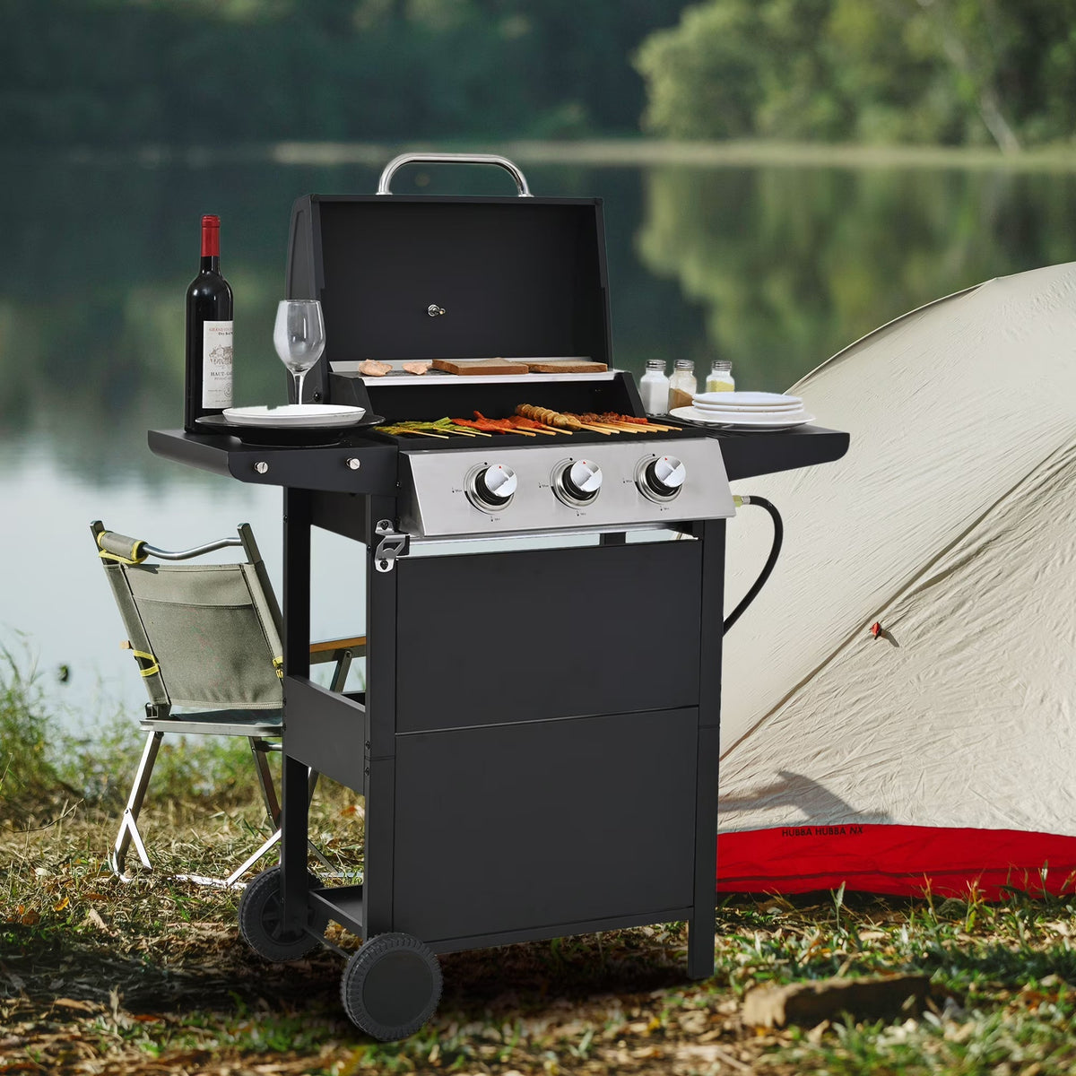 Qiushi 3-Burner Propane Gas Grill, 26,000 BTU Stainless Steel BBQ Grill with 2 Shelves & Thermometer, Outdoor Patio Grill with Electronic Ignition, Wheels & Bottle Opener -M?Durable & Even Heating