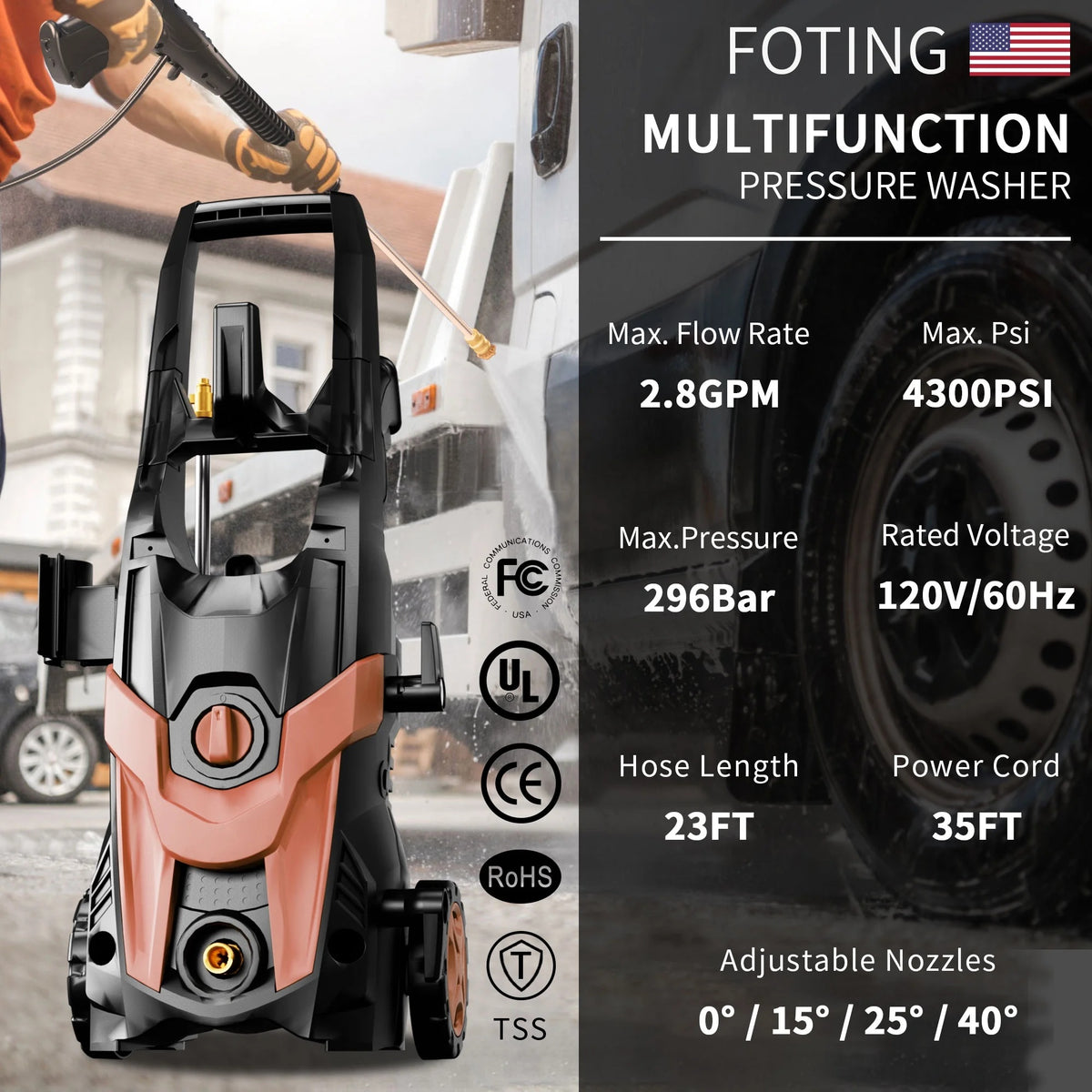 FOTING Electric Pressure Washer, 4500 PSI 3.2 GPM Power Washer with 4 Quick Connect Nozzles, High Pressure Cleaning Machine with Foam Cannon for Cars/Fences/Driveways/Patios/Home Cleaning
