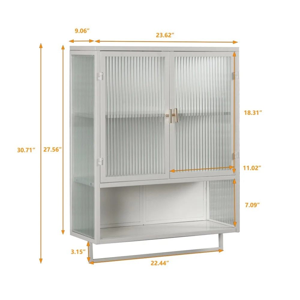 Tcbosik Modern Metal Wall Storage Cabinet with 2 Glass Door and Detachable Shelf, Open Shelf, and Towel Bar, Vintage Cabinet for Kitchen Dining, Bathroom, Living Room, White
