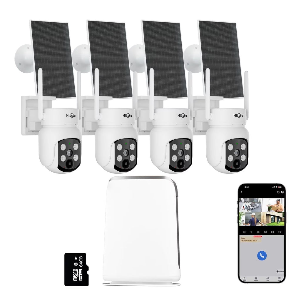 Hiseeu Outdoor Wireless Solar Security Camera System, 4-Camera Home WiFi Surveillance Kit with 10CH NVR, 500G HDD, 2K 4MP 360° View, Color Night Vision, PIR Human Detect, 2-Way Audio, IP66