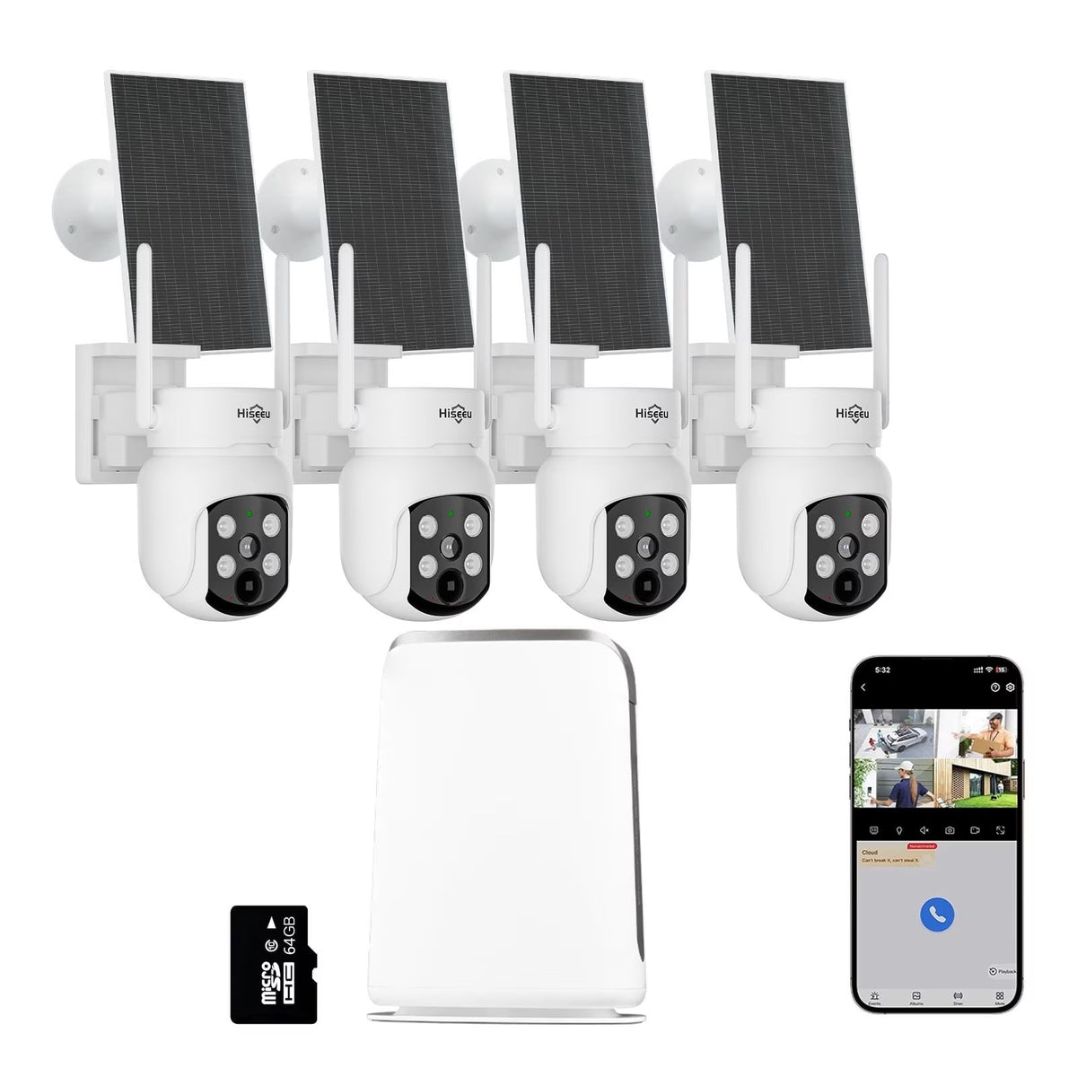 Hiseeu Outdoor Wireless Solar Security Camera System, 4-Camera Home WiFi Surveillance Kit with 10CH NVR, 500G HDD, 2K 4MP 360° View, Color Night Vision, PIR Human Detect, 2-Way Audio, IP66