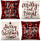 DecorX Christmas Pillow Covers 18x18 Set of 4 Farmhouse Black and Red Buffalo Check Plaid Throw Pillow Covers Outdoor Rustic Linen Pillow Case for Sofa Couch Christmas Decorations