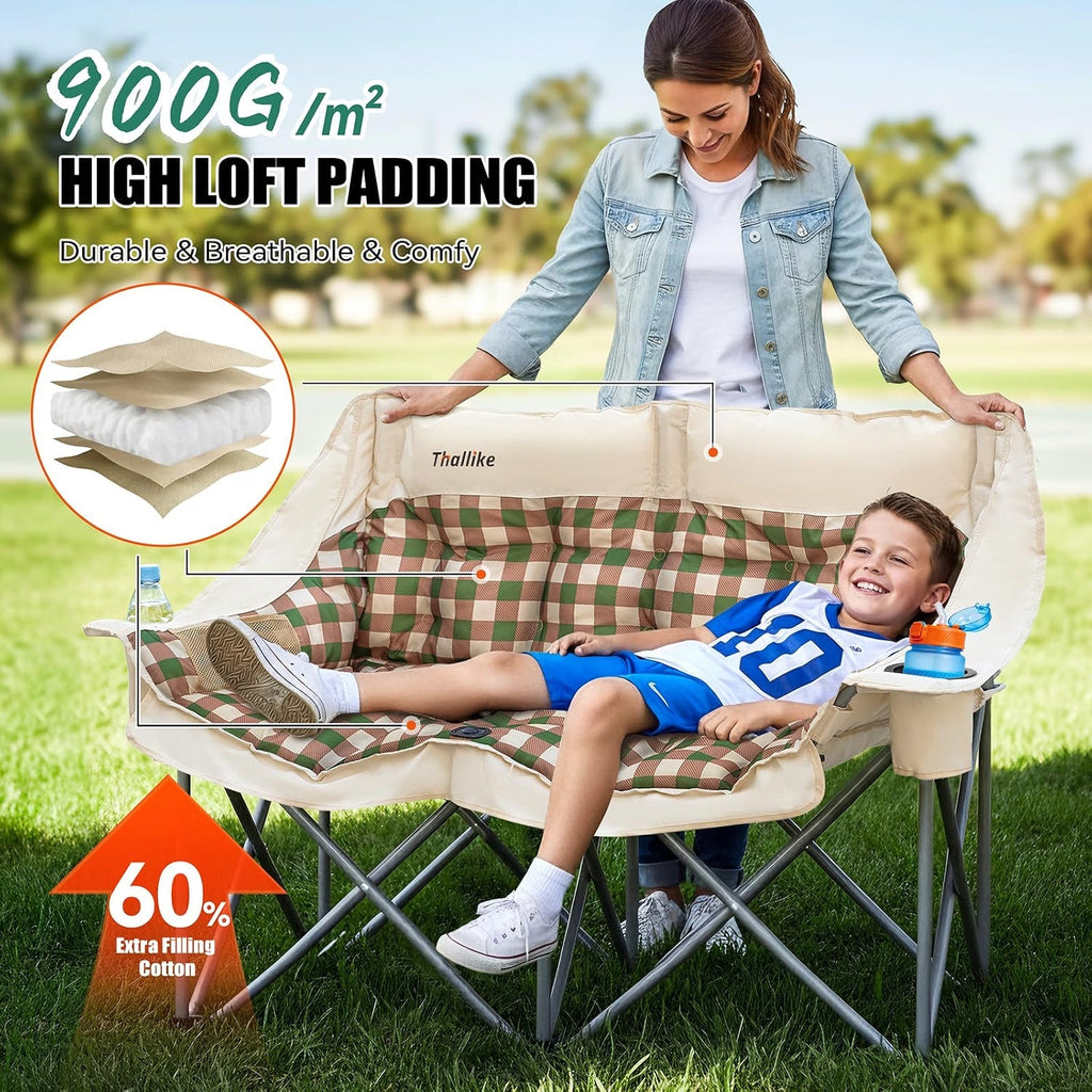 Double Camping Chair, Oversized 2 Person Camp Chairs with Cup Holders Side & Backrest Mesh Pockets Padded Loveseat Camping Chair Foldable for Outdoor Lawn Backyard Beach Support 800LB