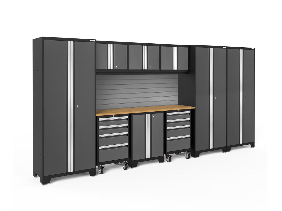 NewAge Products Bold Series Gray 10 Piece Cabinet Set, Heavy Duty 24-Gauge Steel Garage Storage System, Slatwall Included