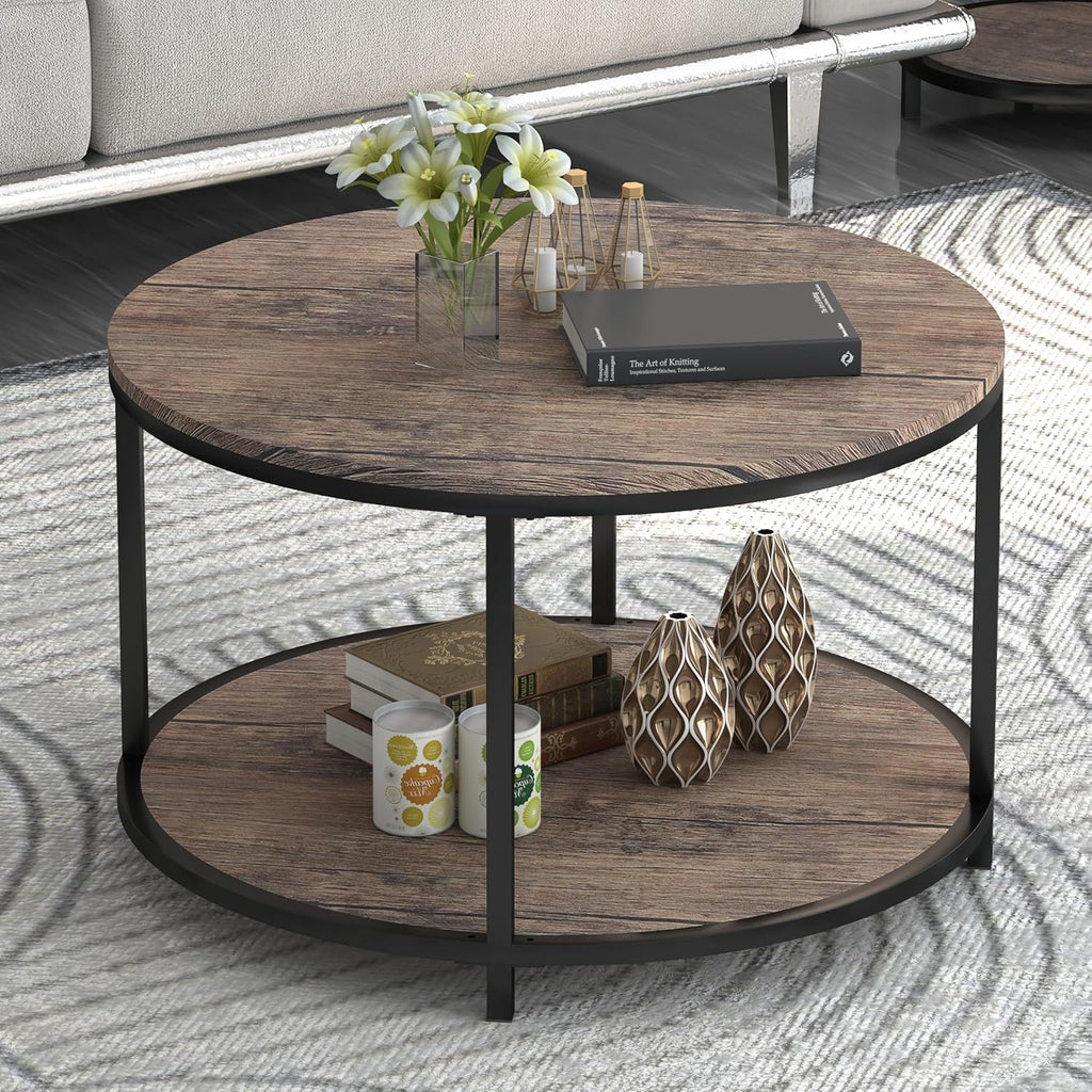 Round Coffee Table, 36" Coffee Table for Living Room, 2-Tier Rustic Wood Desktop with Storage Shelf, Modern Design Home Furniture (Light Walnut)