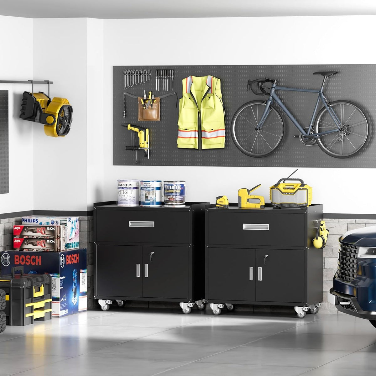 GXK-Home  Metal Garage Storage Cabinet With Lock and Hook Hole,Tool Chest with Wheels for Workshop,Black
