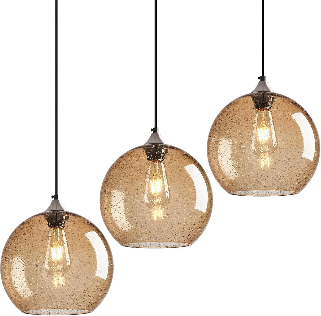 Amber Pendant Lights Kitchen Island 3 Pack, 5.9 in Seeded Glass Globe