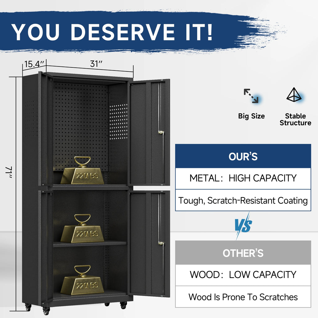Metal Storage Cabinet with Wheels,Tool Storage Cabinet with Doors and Shelves Adjustable,Heavy Duty Garage Storage Cabinet,Steel Locking Storage Cabinet for Garage/Warehouse/Office/School/Home-Black