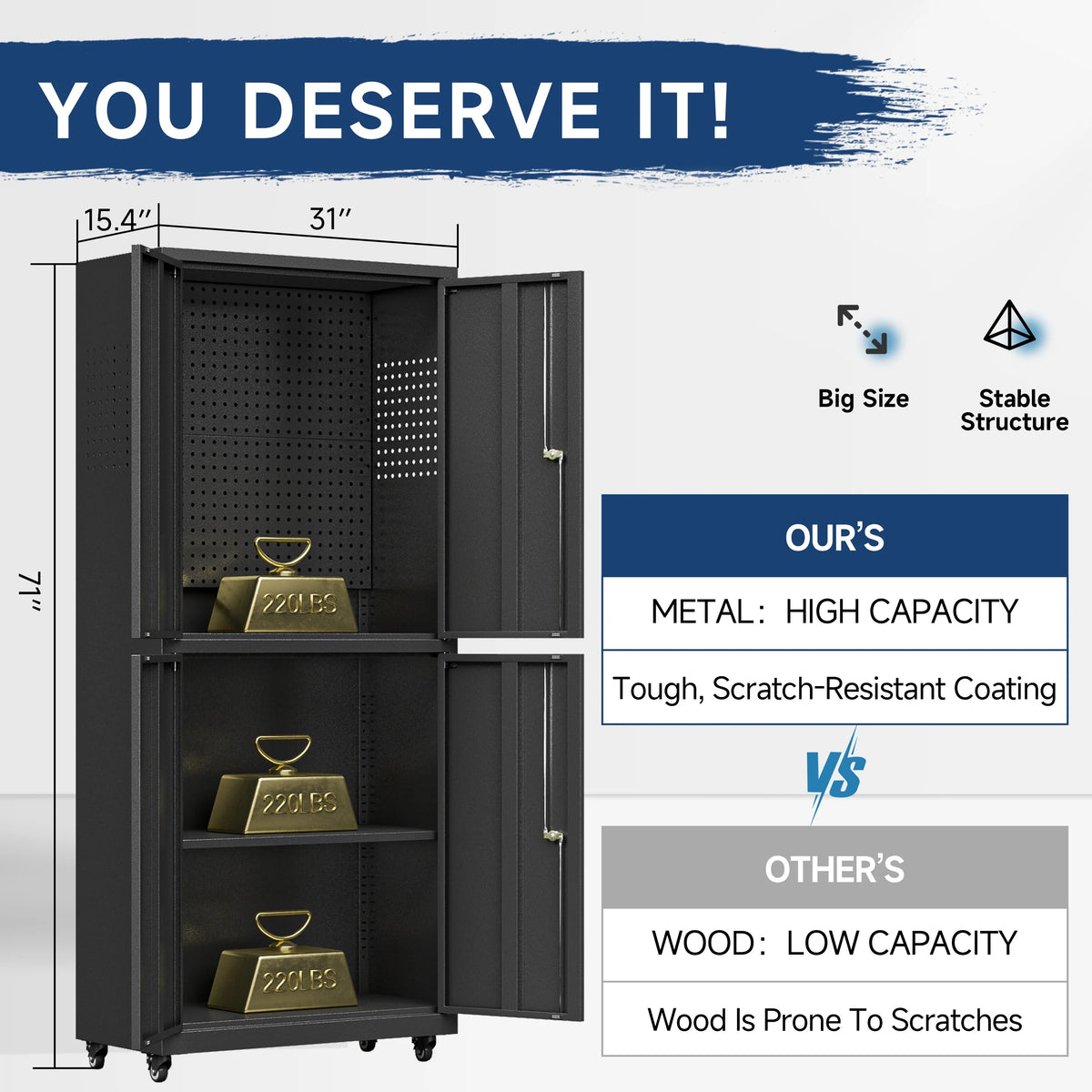 Metal Storage Cabinet with Wheels,Tool Storage Cabinet with Doors and Shelves Adjustable,Heavy Duty Garage Storage Cabinet,Steel Locking Storage Cabinet for Garage/Warehouse/Office/School/Home-Black