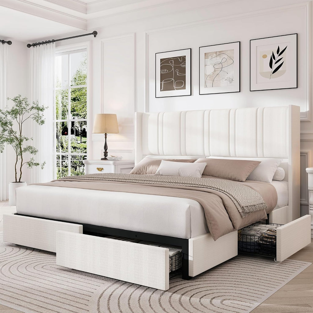 Queen Size Bed Frame with 4 Storage Drawers and Wingback Headboard Linen Upholstered Platform Bed Frame with Wooden Slats, Easy Assembly, White