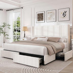 Queen Size Bed Frame with 4 Storage Drawers and Wingback Headboard Linen Upholstered Platform Bed Frame with Wooden Slats, Easy Assembly, White