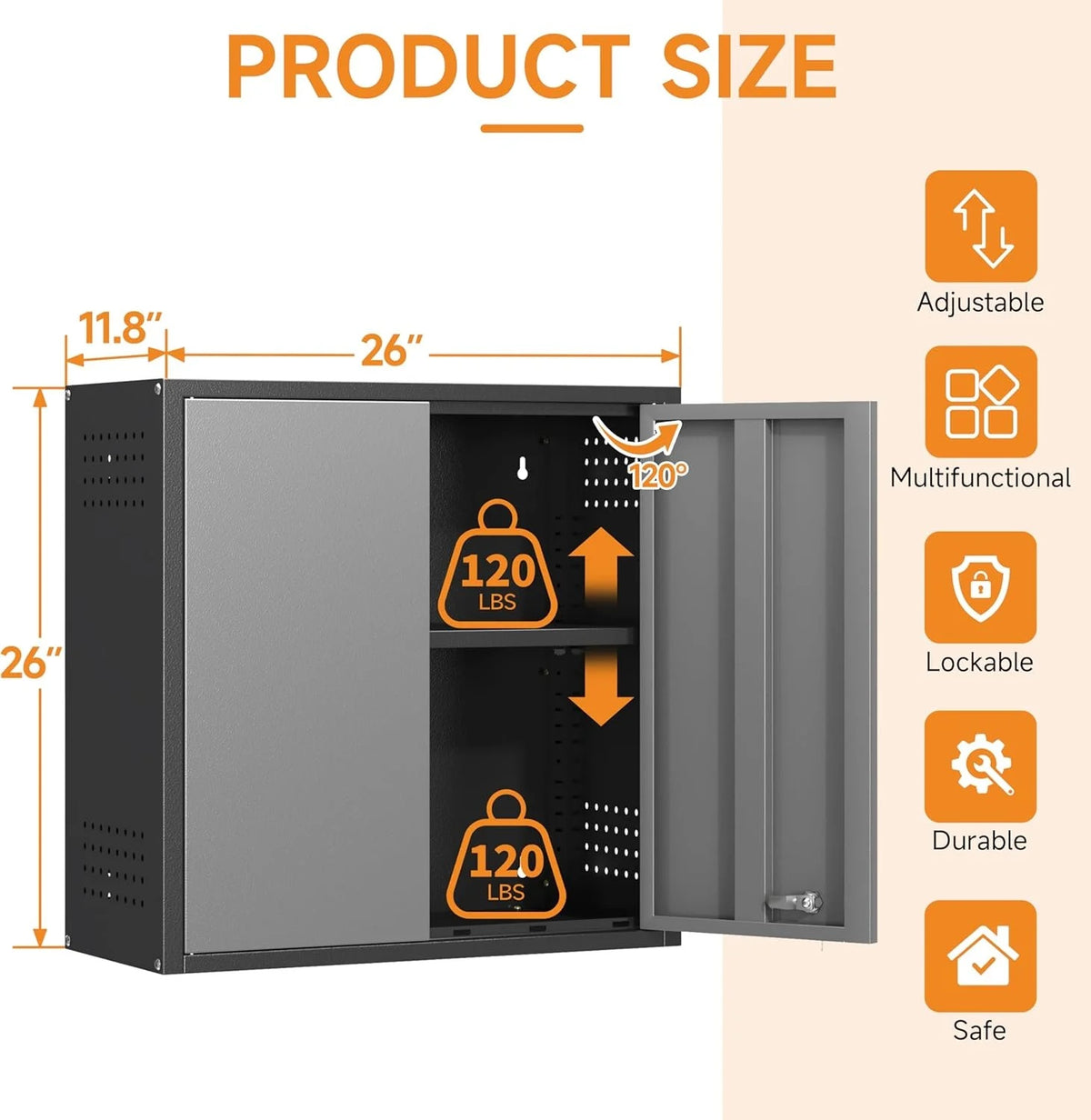 Metal Garage Wall Cabinet with Doors and Adjustable Shelf,Lockable Floating Tool Cabinet with Pegboard,Steel Storage Cabinet for Kitchen,Office,Garage,Laundry,Warehouse(Black&Gray, 26" H)
