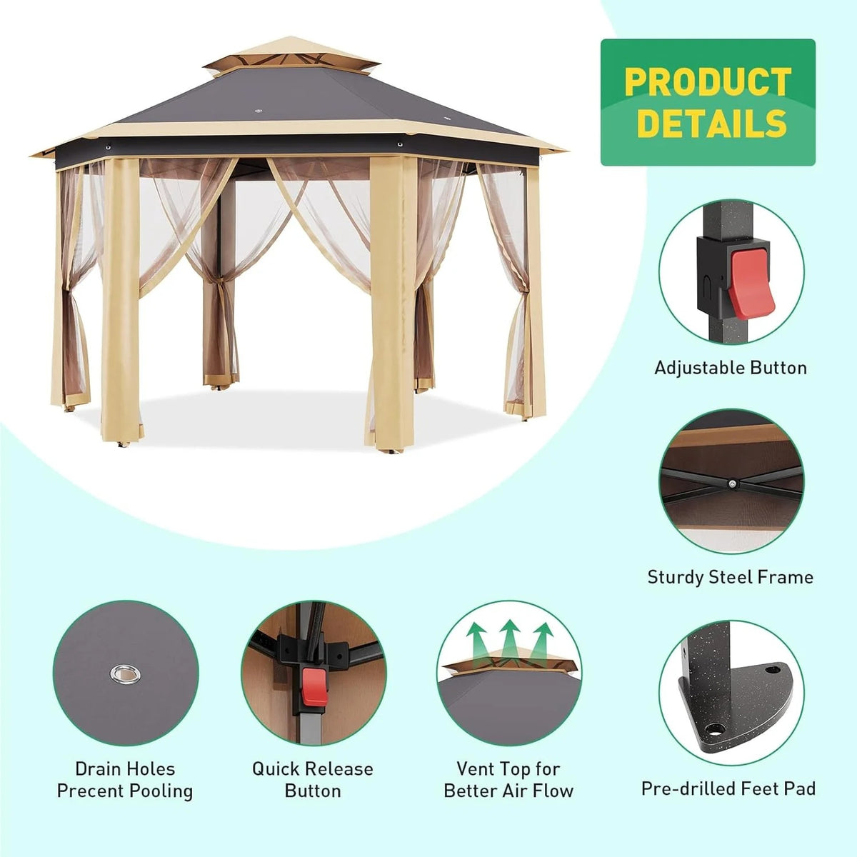 Pop Up Gazebo 13x13ft, Hexagonal Outdoor Canopy Shelter, Instant Patio Gazebo Tent with Mesh Netting and Strong Steel Frame for Patio Backyard Garden Wedding Party