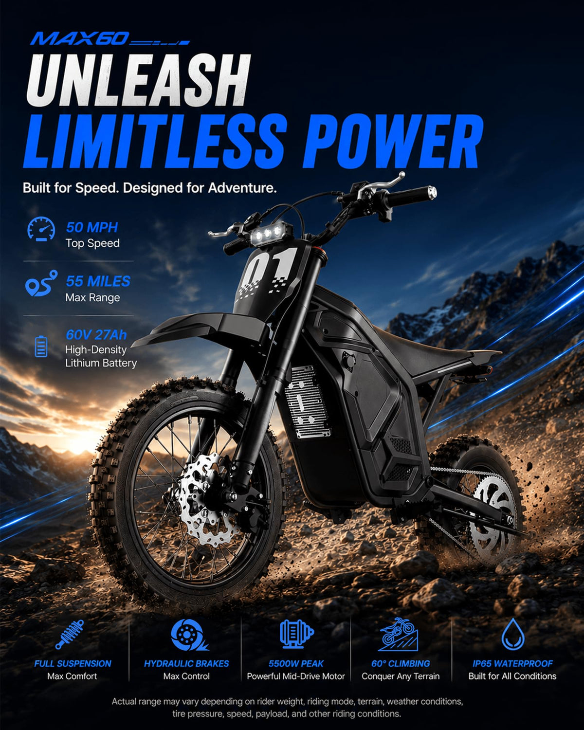 Electric Dirt Bike 5500W Peak Power, Electric Motorcycles
