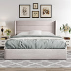 Queen Size Lift Up Storage Bed with Wingback Headboard, Upholstered Platform Bed Frame with Hidden Storage