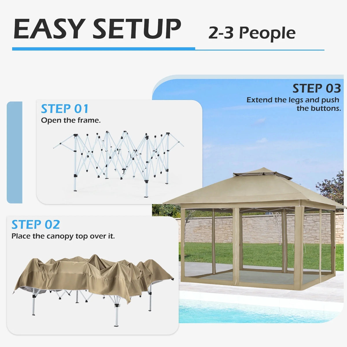 AVAWING 12x12 ft Outdoor Pop-up Canopy Party Tent Easy Setup Patio Wedding Tent, Khaki