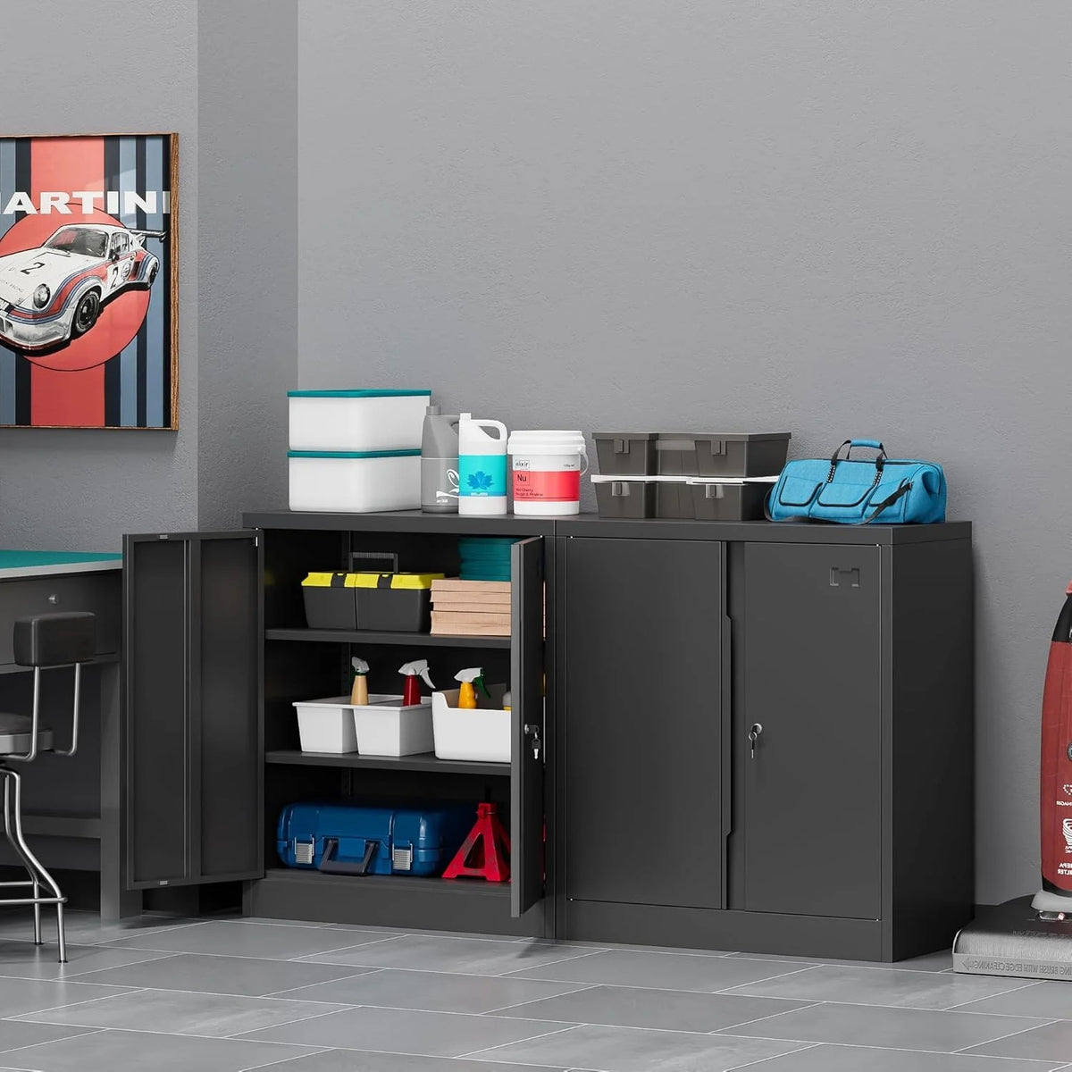 Metal Storage Cabinet, Garage Storage Cabinet with Doors and 2 Adjustable Shelves, 36" White Metal Cabinet, Locking Cabinet for Home,Garage,Office,School