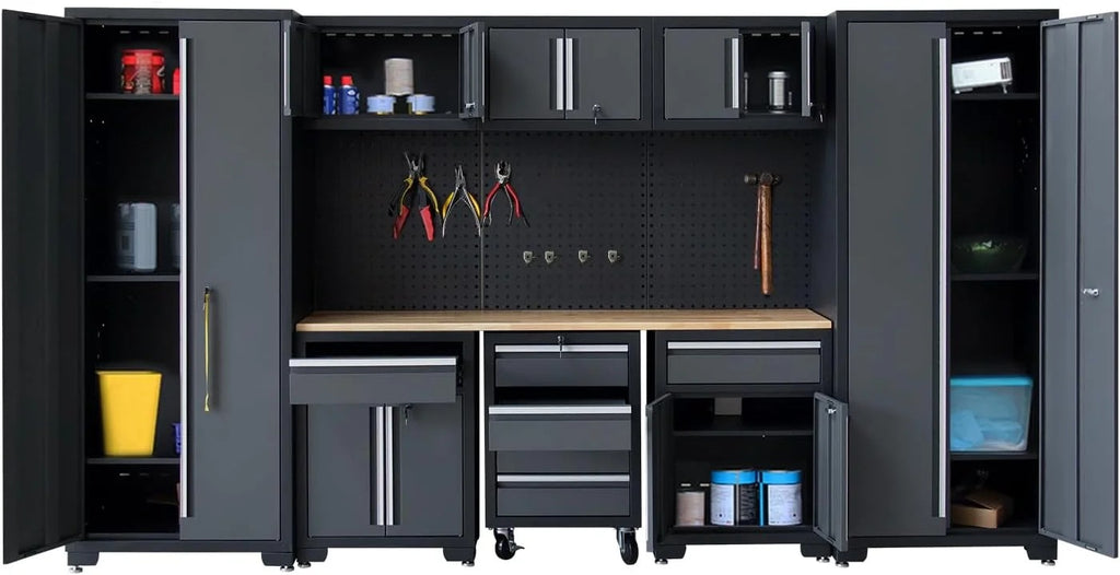 HPDMC Garage Storage Cabinet System 9-Pcs Workshop Set Metal Garage Cabinets and Storage System with Steel Cabinet Drawers, Rolling Chest, Workbench, Pegboard for Garage Tool Organization