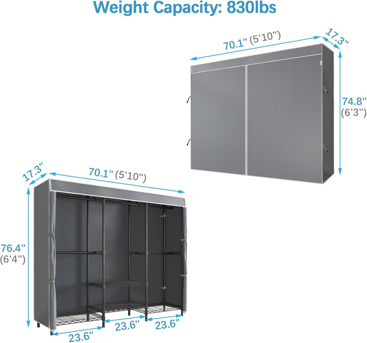 V5C SE Covered Garment Rack Heavy Duty Clothes Rack with Cover and Adjustable Shelves, Freestanding Portable Closet Racks Clothes Storage Wardrobe Closets, Black Clothing Racks with Grey Cover
