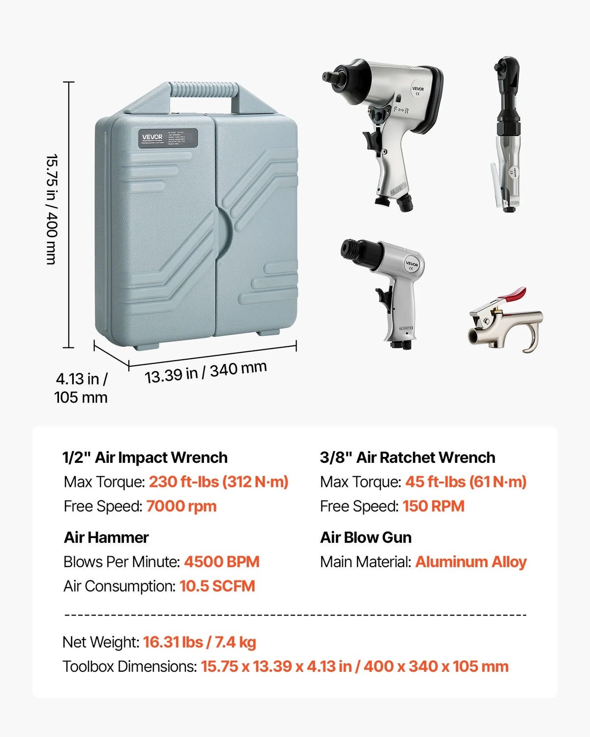 VEVOR 50 Pieces Pro Air Tool and Accessories Kit - 1/2" Air Impact Wrench, 3/8" Ratchet Wrench, 4500BPM Hammer, Blow Gun & Full Accessories for Auto Repairs, Home DIY Projects - with Storage Case