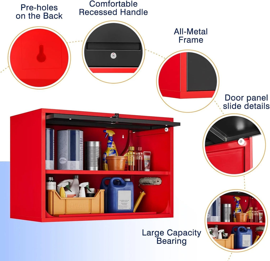 Metal Garage Wall Cabinet with Doors and Shelves,Wall Mounted Metal Storage Cabinet, Floating Steel Tool Cabinet for Garage,Basement,Kitchen,Warehouse (Red Black,21.6" H)