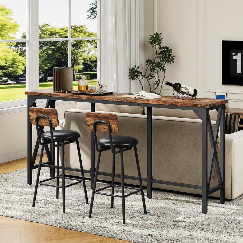 Bar Table and Chairs Set, Counter Height Table and Chairs with X-Shaped Supports, 1 Pub Table and 2 Chairs, for Dining Room, Living Room, Home Bar, Rustic Brown and Black