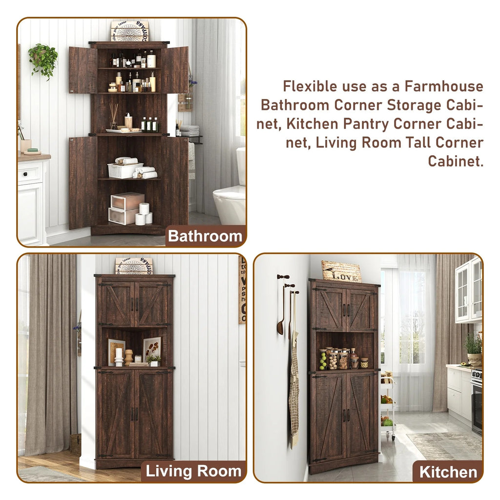 Blotout 68" Tall Farmhouse Corner Cabinet with 4 Doors, 28.3" W Barn Door Storage Cabinet with Adjustable Shelves, 5 Tier Corner Storage Cabinet for Bathroom,Living Room,Kitchen