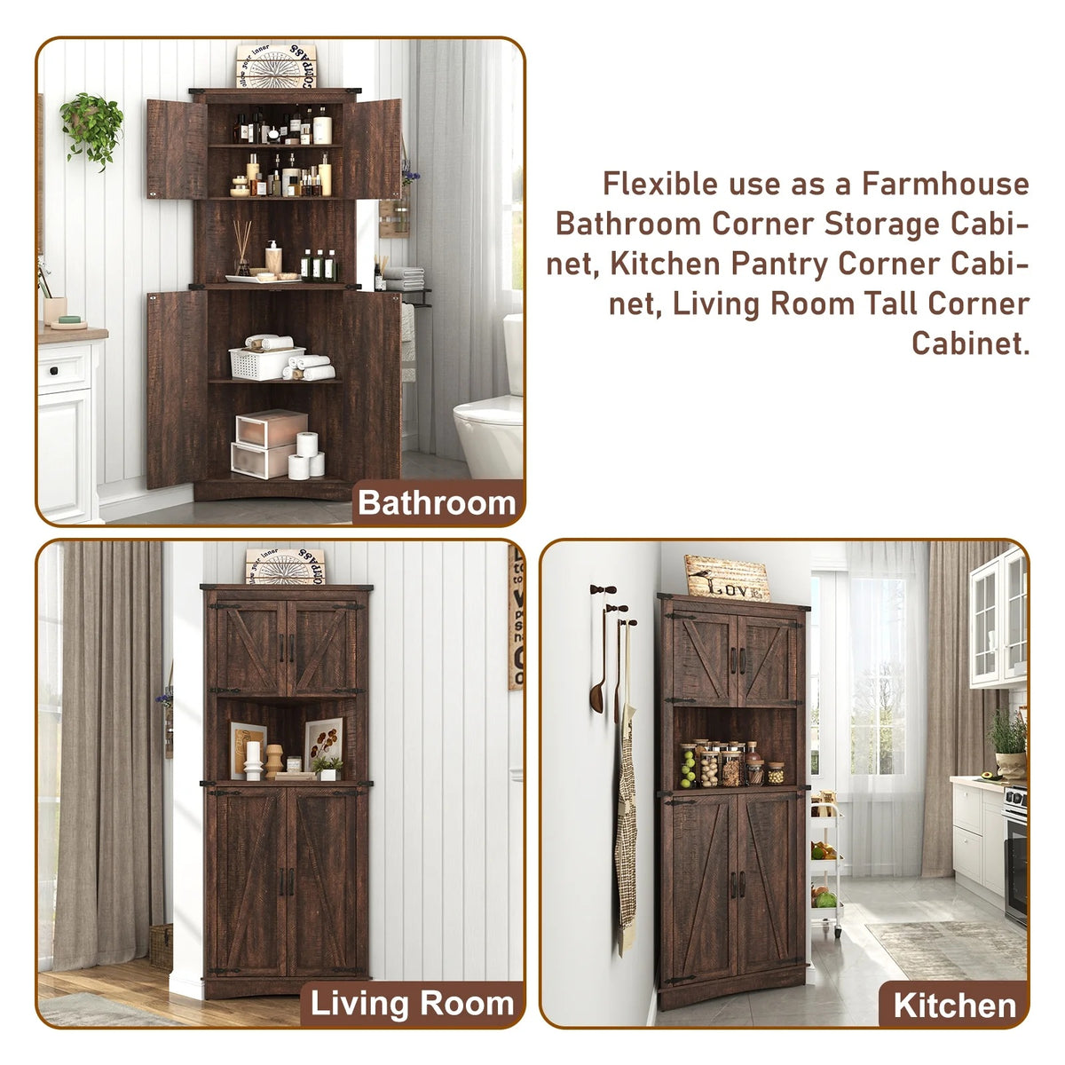 Blotout 68" Tall Farmhouse Corner Cabinet with 4 Doors, 28.3" W Barn Door Storage Cabinet with Adjustable Shelves, 5 Tier Corner Storage Cabinet for Bathroom,Living Room,Kitchen