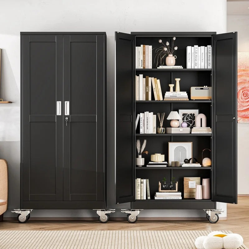 Erosoei 75"H Metal Garage Storage Cabinet with Wheels, Tool Storage Cabinet with 5 Adjustable Shelves