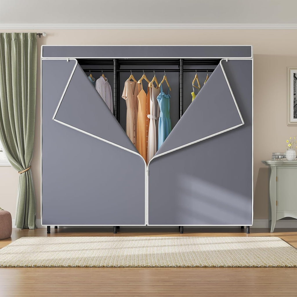 V5C SE Covered Garment Rack Heavy Duty Clothes Rack with Cover and Adjustable Shelves, Freestanding Portable Closet Racks Clothes Storage Wardrobe Closets, Black Clothing Racks with Grey Cover