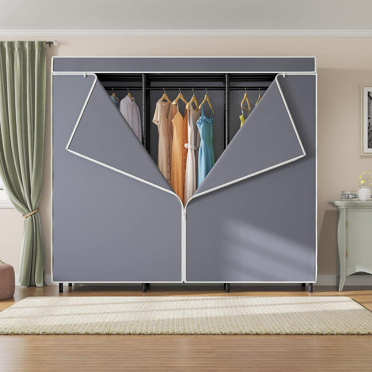 V5C SE Covered Garment Rack Heavy Duty Clothes Rack with Cover and Adjustable Shelves, Freestanding Portable Closet Racks Clothes Storage Wardrobe Closets, Black Clothing Racks with Grey Cover