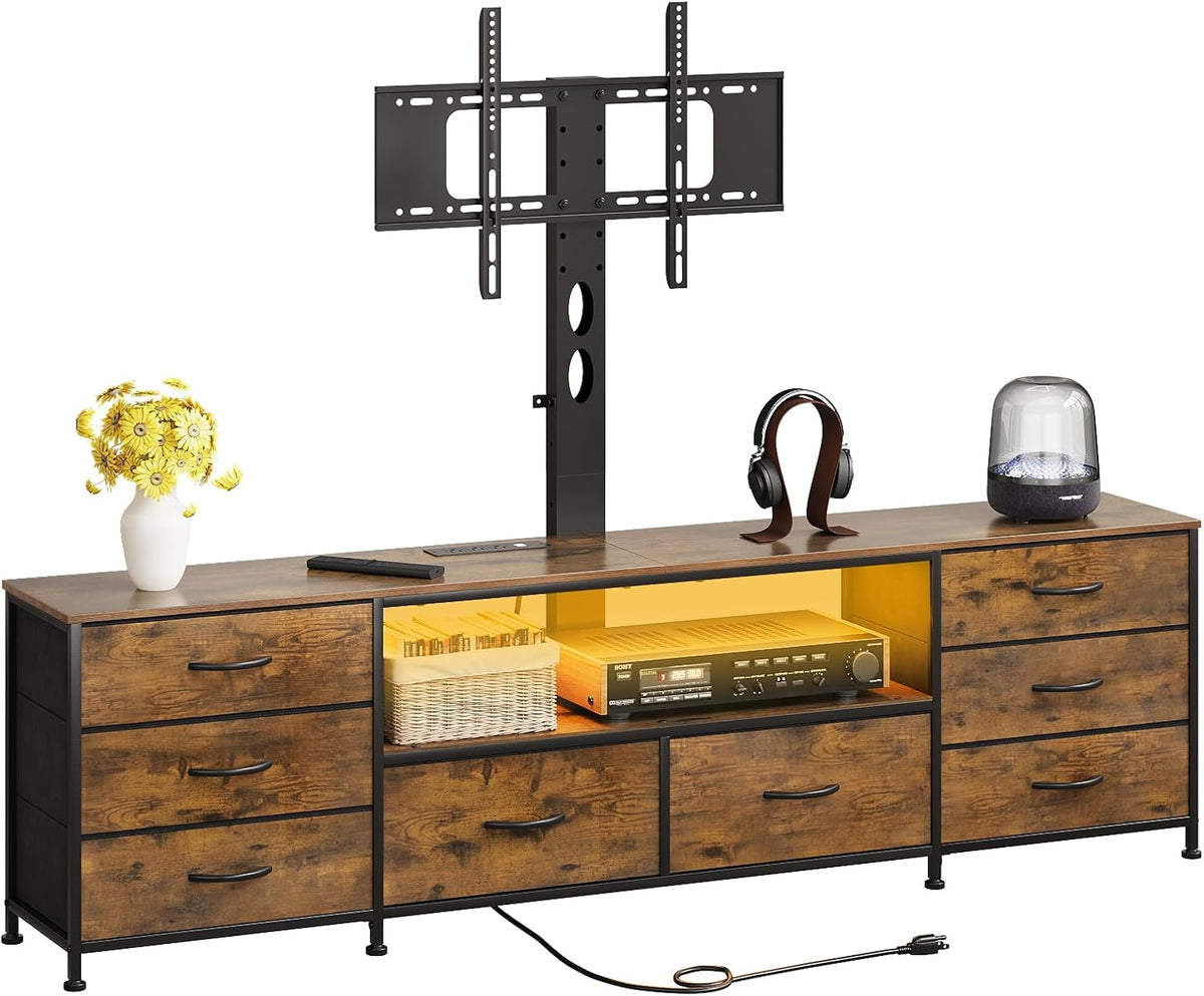 70.8" W TV Stand with Mount and Power Outlet for 65/70/75/80 Inch TV, Farmhouse Entertainment Center with 8 Fabric Drawers, LED Lights and Open Storage Shelves for Living Room