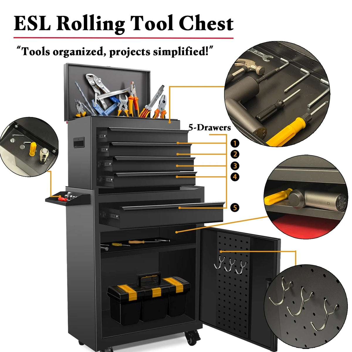 Rolling Tool Chest, 5 Drawers with Big Cabinet, Tool Trolley with 4 Universal Lockable Wheels and Lock Bar, Great Black Tool Cart for Garage Workshop, Sturdy Heavy Duty Tool Storage, Easy Assemble