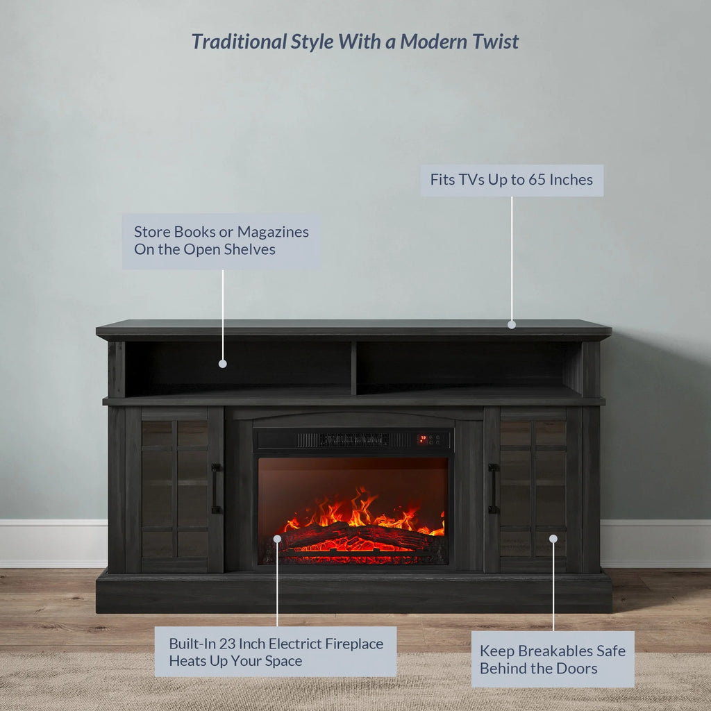 BELLEZE 58" TV Stand with 23" Electric Fireplace, Fireplace TV Console for TVs up to 65", Home Entertainment Center with Storage Cabinet and Adjustable Shelves - Astorga (Gray Wash)