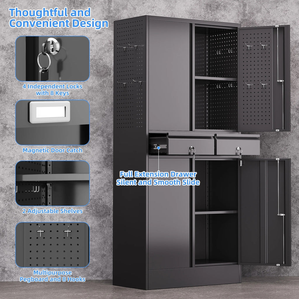 GAEANET 2 Door Metal Storage Cabinet with 5 Adjustable Shelves &Pegboard, 71" H-32" W-16" D Locking Steel Garage Cabinet, for Garage,Office,Home,Gym,School, File Cabinet,Assembly Required, Black