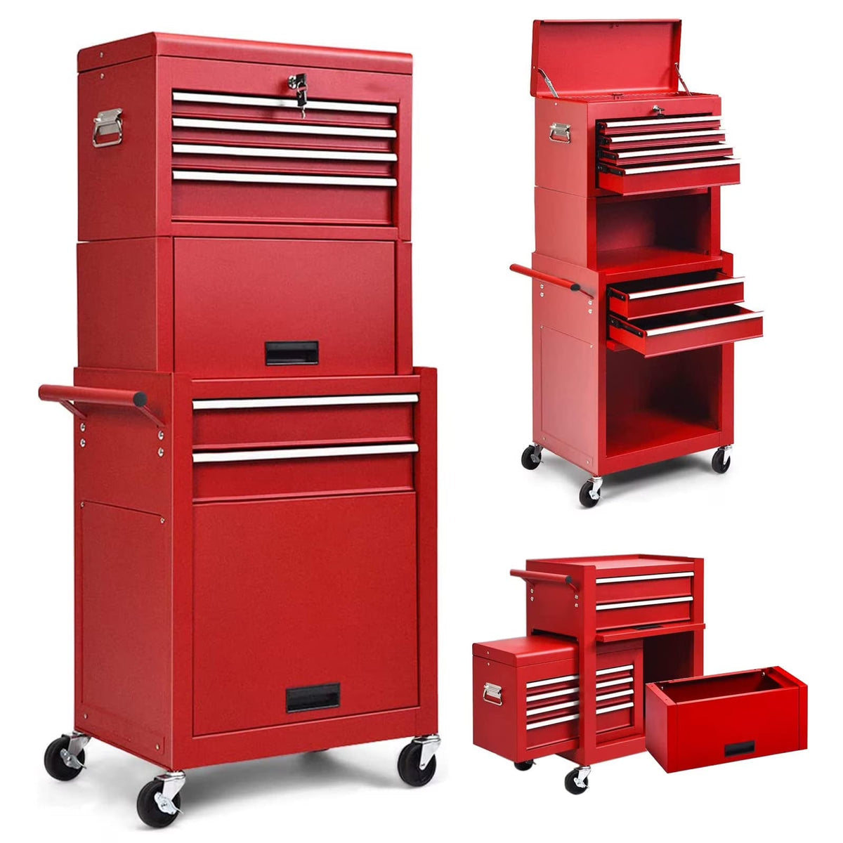 NIGSQJB 3-In-1 Tool Chest on Wheels with 6 Drawers, 52"H Tool Storage Cabinet with Auto Locking System,Detachable Top,Tool Box Organizer for Garage,Workshop,Repair Shop,DIY, Red