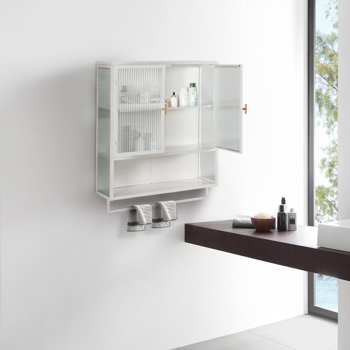 Two-door Wall Cabinet, Modern Kitchen Wall Mounted Cabinet with 2 Glass Doors, Two-tier Enclosed Storage, an Open Shelf, Towel Rack, Metal Wall Cabinet for Entryway, Living Room, Bathroom,  White