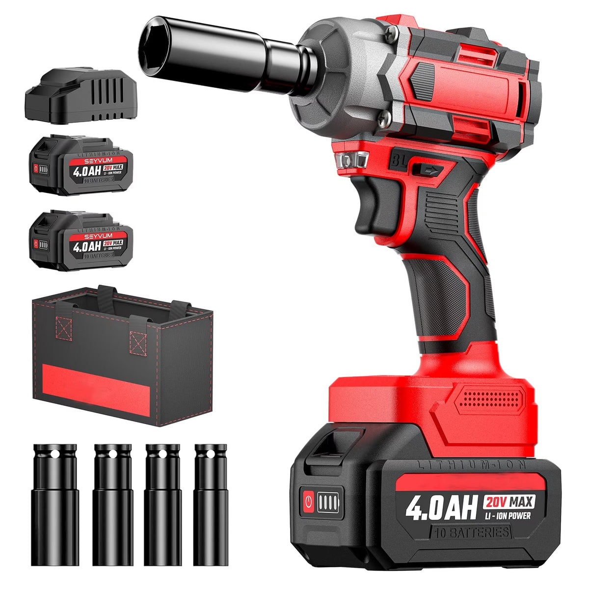 Cordless Impact Wrench, 1/2" Impact Gun, Max Torque 440 Ft-lbs (600 N.m) Heavy Duty Cordless Impact Driver, 3500 RPM Electric Impact Drill, 20V Brushless, 2x4.0Ah Li-ion Battery, 4Pcs Impact Sockets
