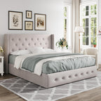 Queen Size Lift Up Storage Bed with Wingback Headboard, Upholstered Platform Bed Frame with Hidden Storage