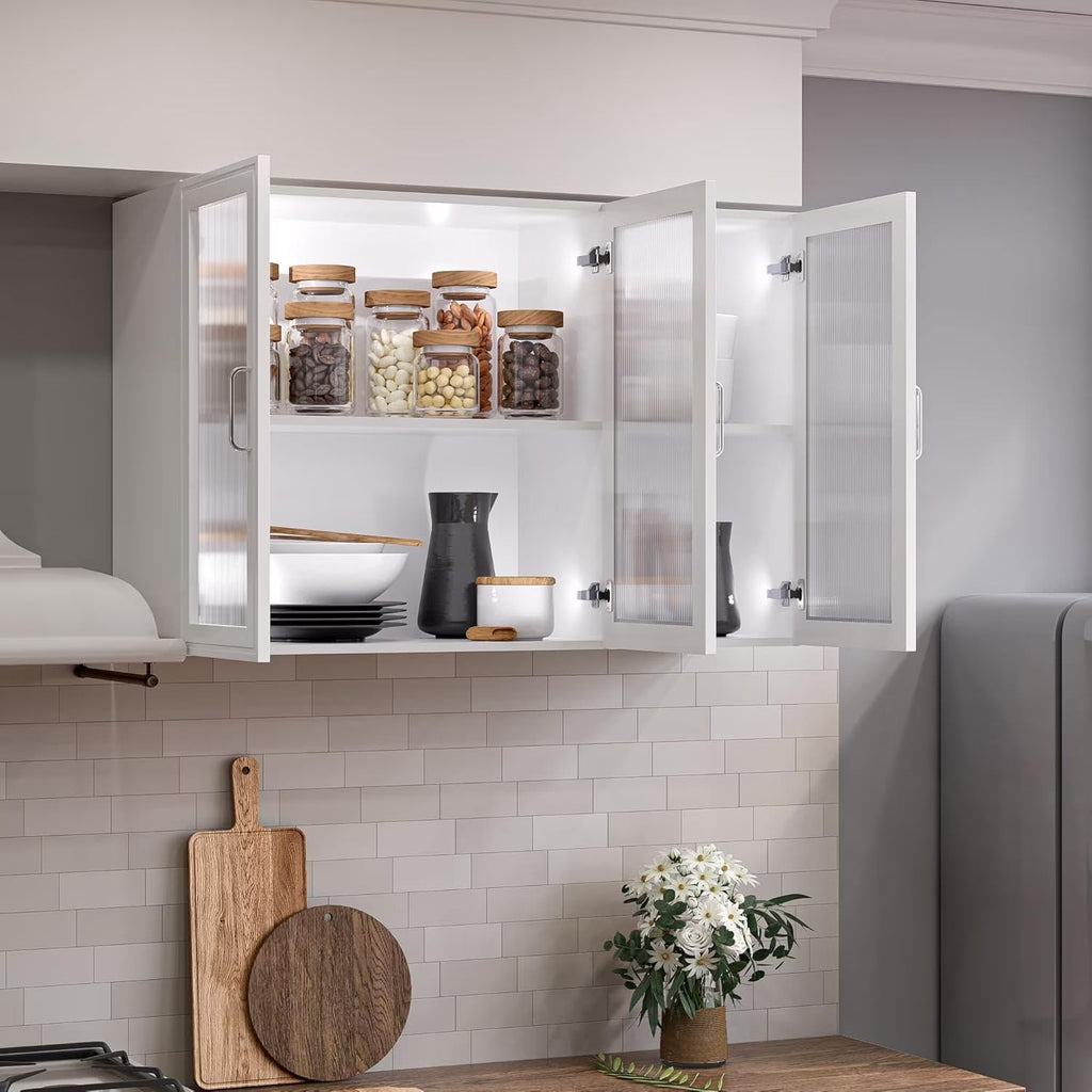 Wall Storage Cabinets - Led Upper Kitchen Laundry Wall Mounted Cabinets with Acrylic Glass 3 Doors and Shelves, 36'Wide
