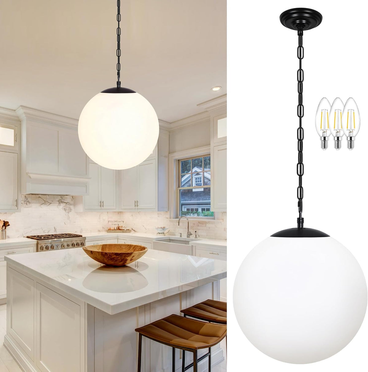 14" Gold Globe Pendant Light, Mid Century Pendant Light, Clear Glass Pendant Lights, Kitchen Island Adjustable Hanging Light Fixture for Dining Room, Bedroom, Kitchen Island