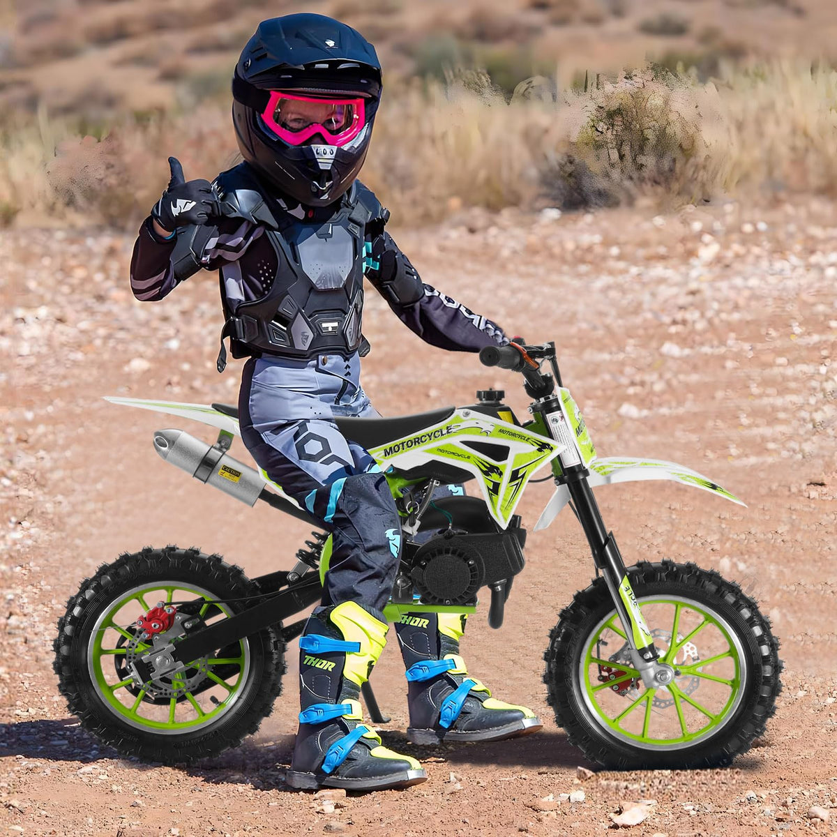 2026 Upgraded 50cc 2-Stroke Kids Dirt Bike Motocross, Pocket Gas Motorbike, Off Road Gas Power Mini Pocket Motorcycle with Front/Rear Disc Brakes, Scooter Bike Pocket, Dirtbike for Kids Green