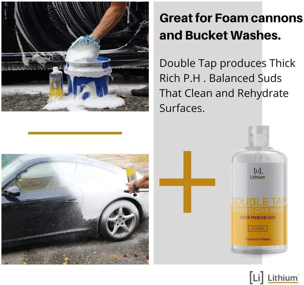 Lithium Double Tap Car Wash Shampoo is An Extremely Unique Blend of PH Balanced Cleaning Soap, Essential Oils, and Eucalyptus. A Combination That Lubricates, While It Cleans and Rehydrates your Paint