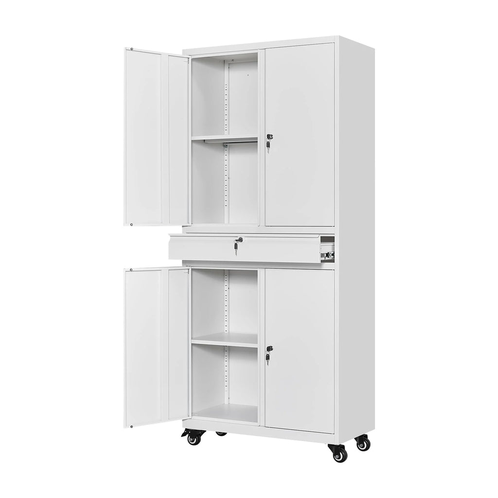 STANI Metal Garage Storage Cabinets with Drawer, 4 Doors Tool Storage Cabinet with 2 Adjustable Shelves, 73"H Rolling Steel Locking Cabinet for Garage Utility Room Home Office (Black, 4 Wheel)